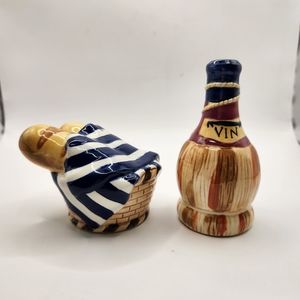 French Village Ceramic Bread Basket & Bottle of Wine Salt & Pepper Shakers